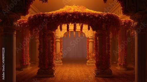 Opulent Wedding Mandap with Floral Decorations and Golden Glow Lighting Interior Scene