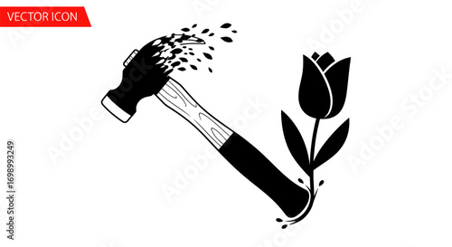 Juxtaposition of strength and fragility depicted through a hammer striking a flower showing