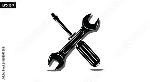 Minimalist repair tools icon, black wrench and screwdriver on white background for service