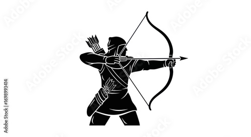 Monochrome archer illustration portraying a skilled marksman ready to launch arrow with