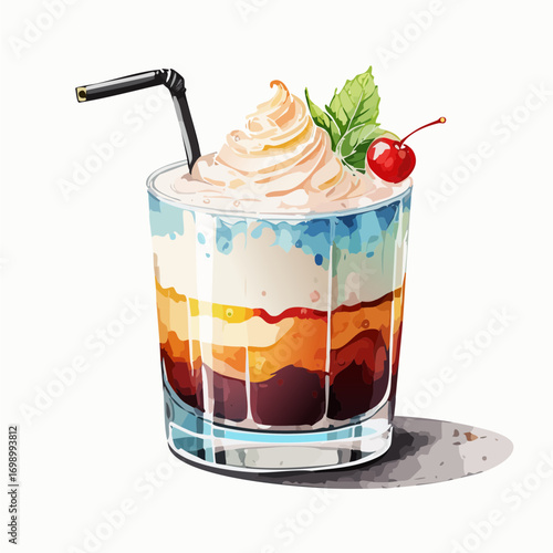 White Russian Cocktail Vector — Creamy Vodka and Coffee Liqueur Drink with Cherry and Berry Garnish