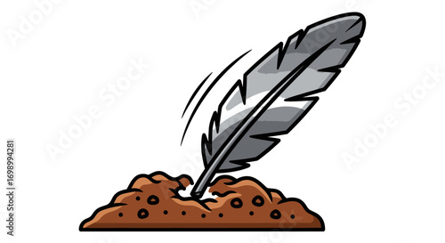 Stylized depiction of a gray feather quill in dirt promoting traditional writing styles
