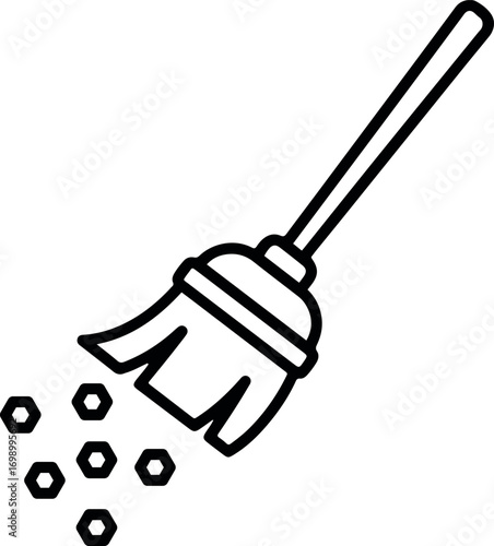 Minimal black line illustration of a broom sweeping dust particles, representing cleaning, tidying, and hygiene concepts