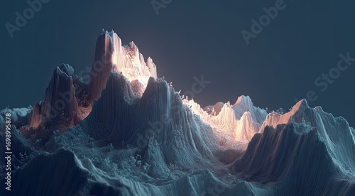 Digital mountain range, illuminated peak.  Soft, light-toned, textured peaks and valleys,  illuminated from the summit.  Darker backdrop.  Abstract, 3D landscape