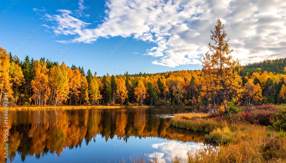 Fototapeta premium A serene autumn landscape showcases a tranquil lake mirroring the vibrant fall foliage along the shoreline, bathed in the warm glow of sunlight.