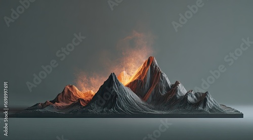 Mountain range, digital art, textured peaks, orange glow