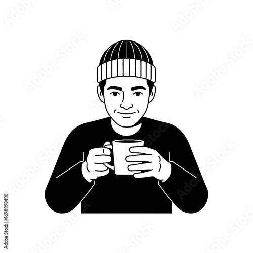 Flat vector illustration of a man with a beanie holding a mug.