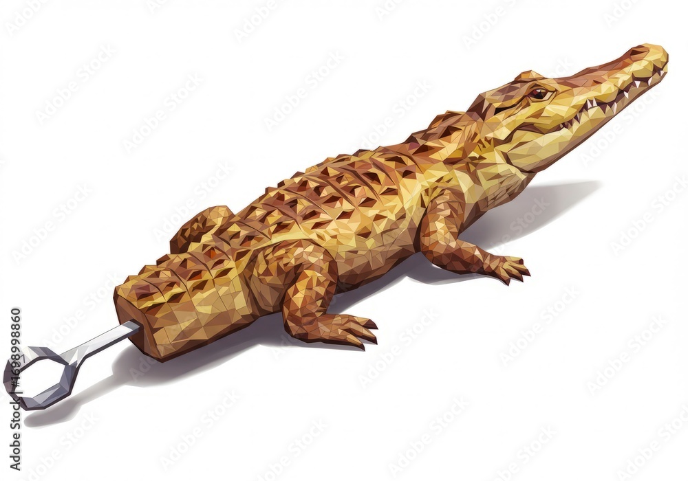Naklejka premium Geometric Crocodile Skewered with Tool: Surreal, Polygonal Illustration