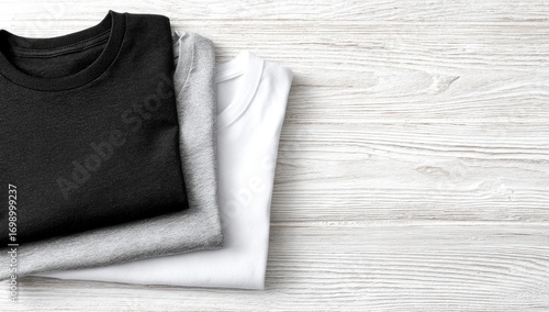 Three plain t-shirts, black, gray, and white, stacked on a white wooden surface