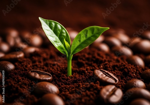 Young coffee plant sprouts amidst roasted coffee beans