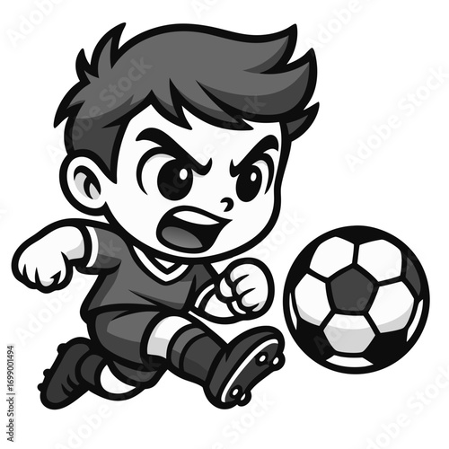 Young boy soccer player cute cartoon styloung e, bold outlines, simplified shapes, big expressive eyes, clean vector look, monochrome grayscale palette, isolated on transparent background, no shadows