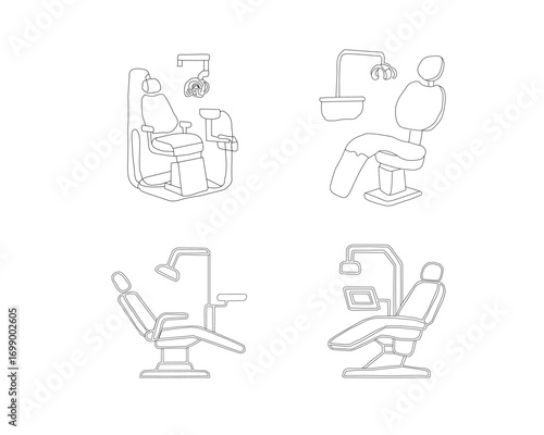 Dental chair vector set. Dentist chair illustration. Dental equipment line art. Collection of dental chair vector icons in simple line art style. Modern dentist chair illustrations.