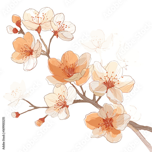 Floral Symphony: An exquisite watercolor painting of delicate cherry blossoms branch, evoking feelings of renewal and serenity.