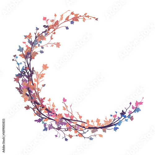 Botanical Crescent: Delicate botanical crescent, composed of intertwined branches and leaves, showcasing a gradient of soft, natural colors and a unique, artistic aesthetic.