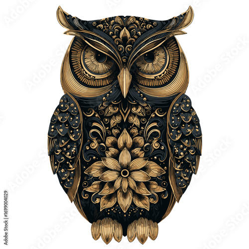 Ornamental Owl in Detail: A meticulously crafted illustration of an owl with detailed golden and dark blue patterns, exuding an aura of wisdom and sophistication, ideal for various design projects.