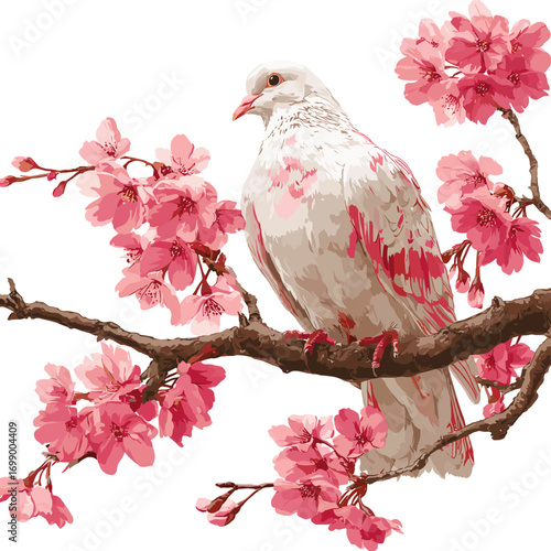 Cherry Blossom Pigeon: A stunning image showcasing a pristine white pigeon perched elegantly on a branch adorned with delicate cherry blossoms.