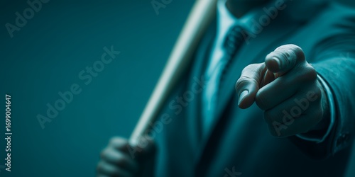 A man in suit holds a baseball bat while pointing directly towards the viewer with intense gaze, concept for intimidation tactic, authoritative demand and control leverage