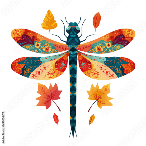 Dragonfly Illustration: A vibrant illustration captures the intricate beauty of a dragonfly surrounded by autumn leaves, showcasing the insect's delicate wings and nature's autumnal colors.
