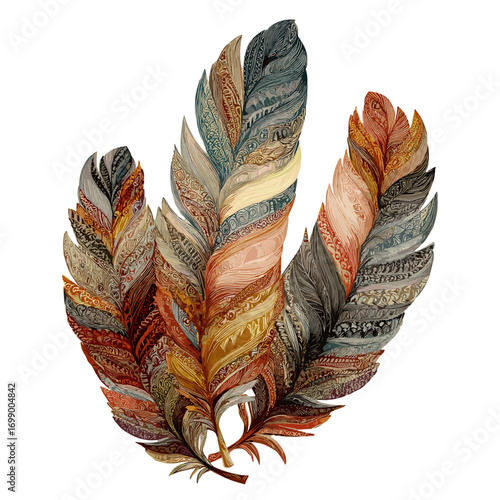 Feather trio, rustic and elegant: Three delicately rendered feathers, featuring intricate patterns and warm, earthy tones, evoke a sense of artistic refinement and natural beauty.