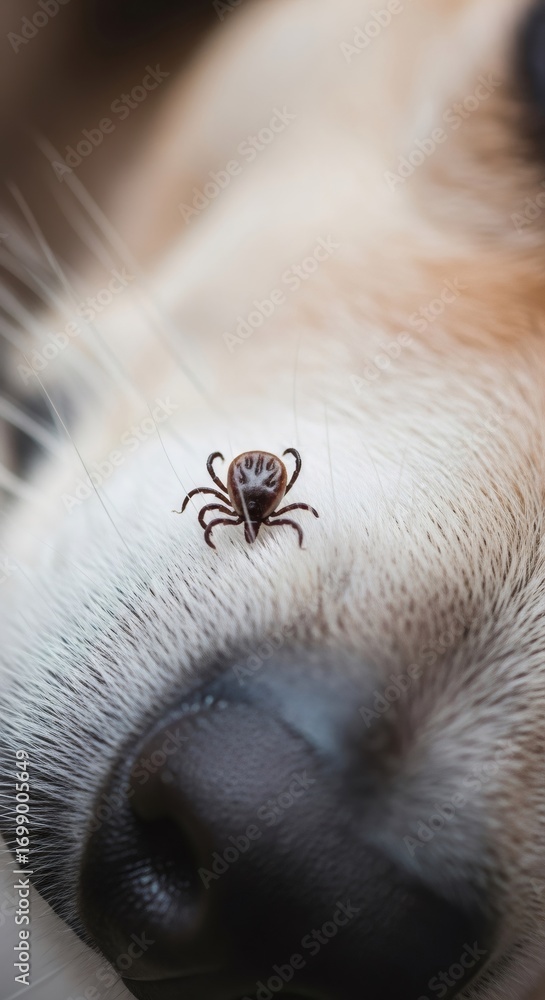 Obraz premium Tick parasite crawling on dog fur close up. Dangerous disease carrier. Pet health concern and pest control concept.