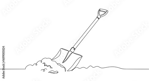 Shovel digging into soil with dirt in line style, transparent background  