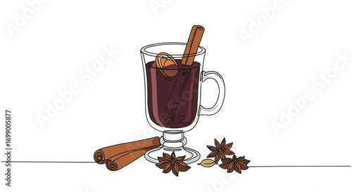 Hot mulled wine with cinnamon and star anise on transparent background  