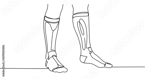 Line drawing of a human leg with anatomical details in profile view  