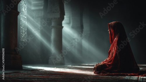 Woman in Prayer at Sacred Space Bathed in Light, Symbolic and Spiritual