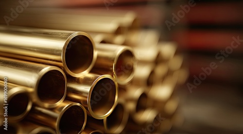 Golden brass tubes stacked in a pile