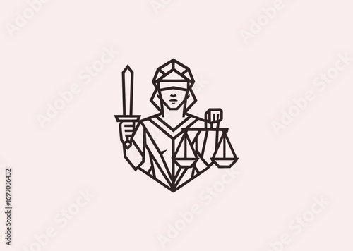 A geometric line art logo of Nemesis with scales of justice, symbolizing balance, fairness, retribution, and divine justice