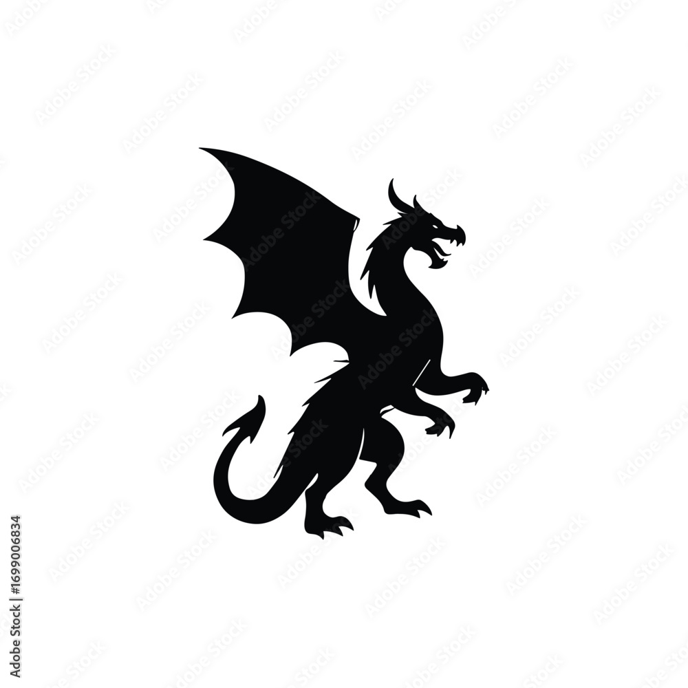 Fototapeta premium Rearing Dragon Silhouette Horned Winged Mythical Vector