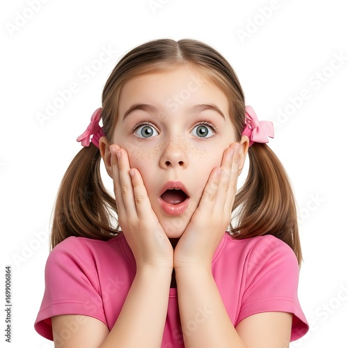 Little Girl with Hands on Cheeks Isolated on White