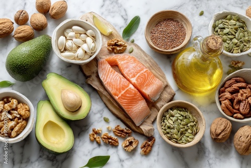 Assorted healthy fats and oils, arranged on a marble surface.  Fresh salmon fillets, avocados, nuts, seeds, and citrus fruit are visible.  A variety of sources of omega-3s and healthy fats