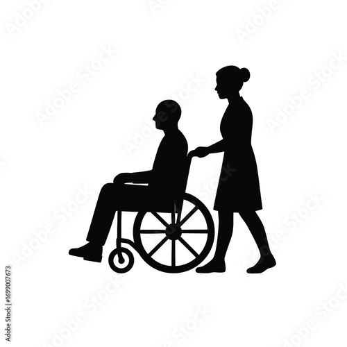 Caregiver Pushing Patient in Wheelchair – Side View Vector Silhouette