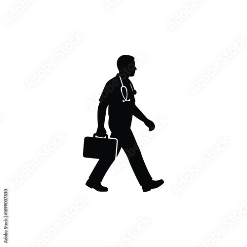 Doctor with Stethoscope and Briefcase Walking – Vector Silhouette