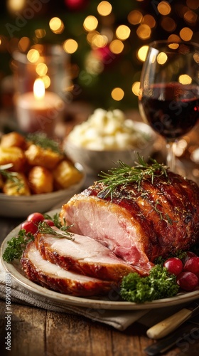 Delicious holiday feast featuring roasted ham, side dishes, and wine in a cozy setting with festive decorations