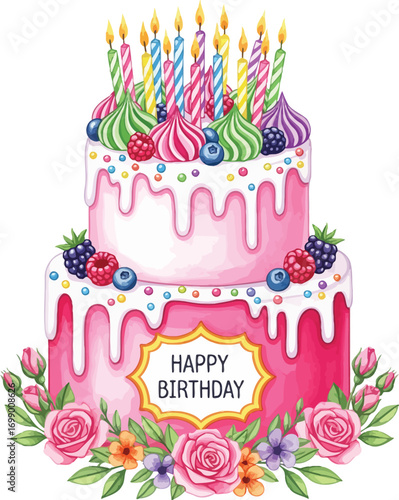 Watercooler Birthday Cake Illustration with Floral Decorations