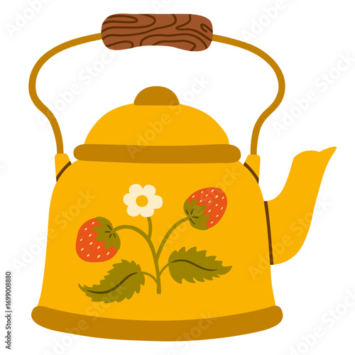 A bright yellow teapot with a wooden handle, decorated with strawberries, leaves, and a white flower. Perfect for themes of tea, cozy kitchen, rustic lifestyle, countryside, and warm homemade drinks.