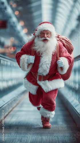 Santa Claus hurries through a bustling terminal with a large sack on his back during holiday season preparations