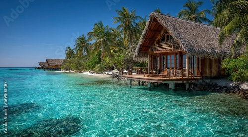 Tropical overwater bungalows nestled on a pristine beach