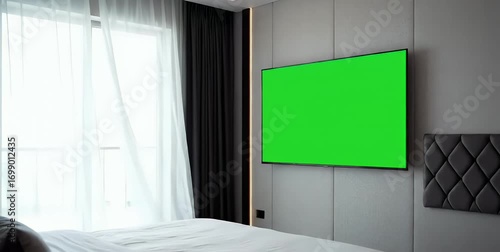 Modern bedroom with a green screen TV and large window.