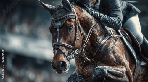 Horse and rider competing in an equestrian show jumping event with focus on form and speed during the competition