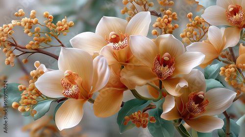 Beautiful blooming orchids with delicate petals and vibrant colors create serene and joyful atmosphere in this floral arrangement