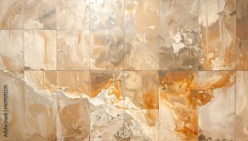 A detailed view of a patterned wall featuring square tiles in muted earth tones, exhibiting abstract marbling and subtle texture.