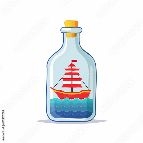 Red Toy Ship In A Glass Bottle With Blue Liquid On White Background