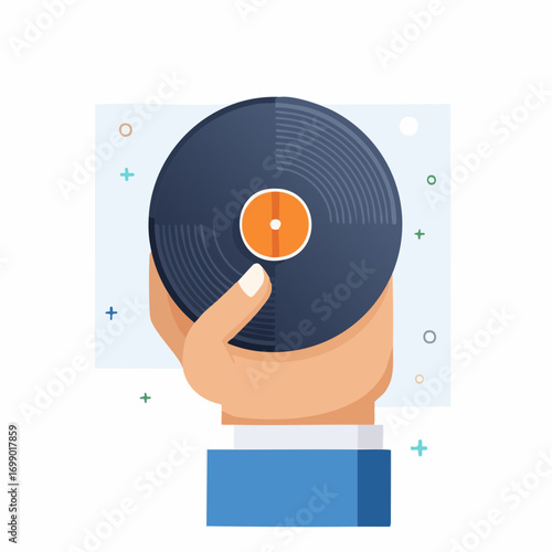Hand Holding A Vinyl Record On Light Blue Background