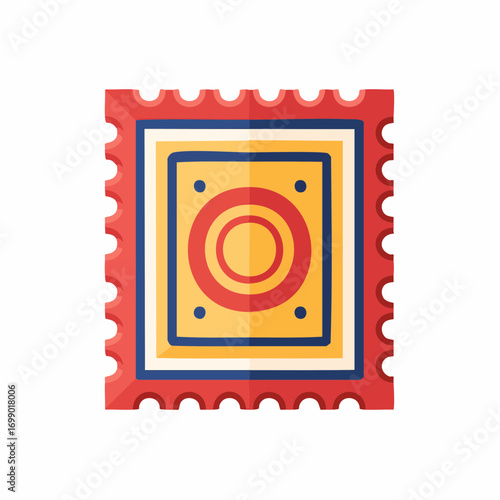 Red And Yellow Postage Stamp With Concentric Circles