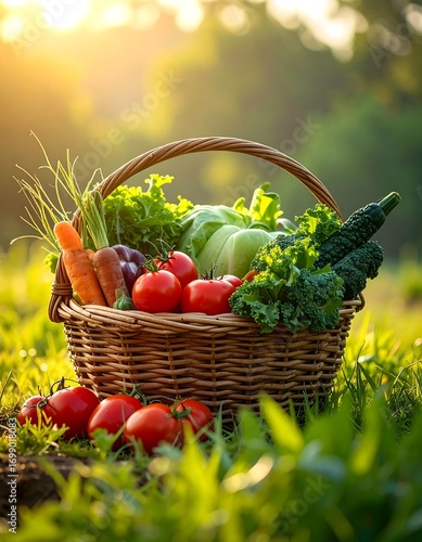 Basket of fresh vegetables in a field