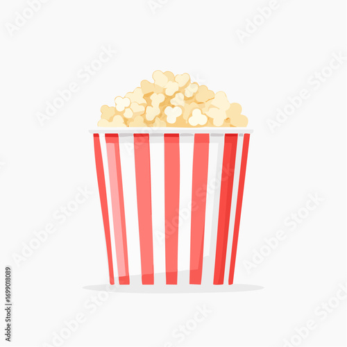 Red And White Striped Popcorn Bucket Filled With Popcorn On White Background