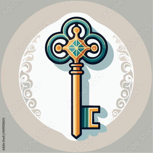Ornate Teal And Gold Key With Central Diamond On White Ornate Circular Background